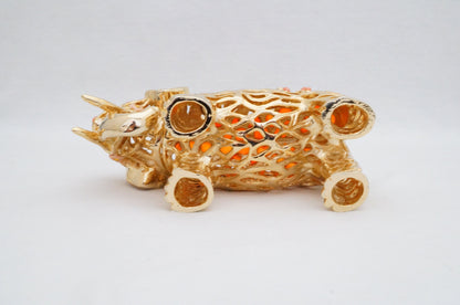 Cristiani Collezione Gold Floral Ornate Cut Out Pattern Elephant Trinket Pewter Jeweled Enameled