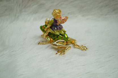 Cristiani Collezione Girl Fairy on Frog Trinket Box 14K Gold Plated