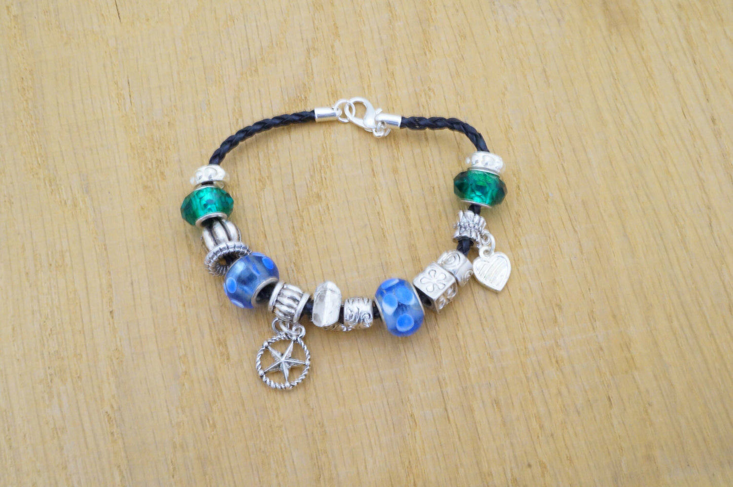 Faux Beaded Multi Silver Toned Charms Faux Braided Leather Bracelet Fashion Jewelry