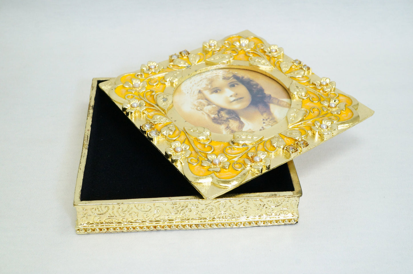 Cristiani Collezione Vintage Square Jewelry Trinket Box with Photo Frame Lid 14K Gold Plated