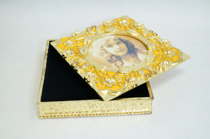 Cristiani Collezione Vintage Square Jewelry Trinket Box with Photo Frame Lid 14K Gold Plated