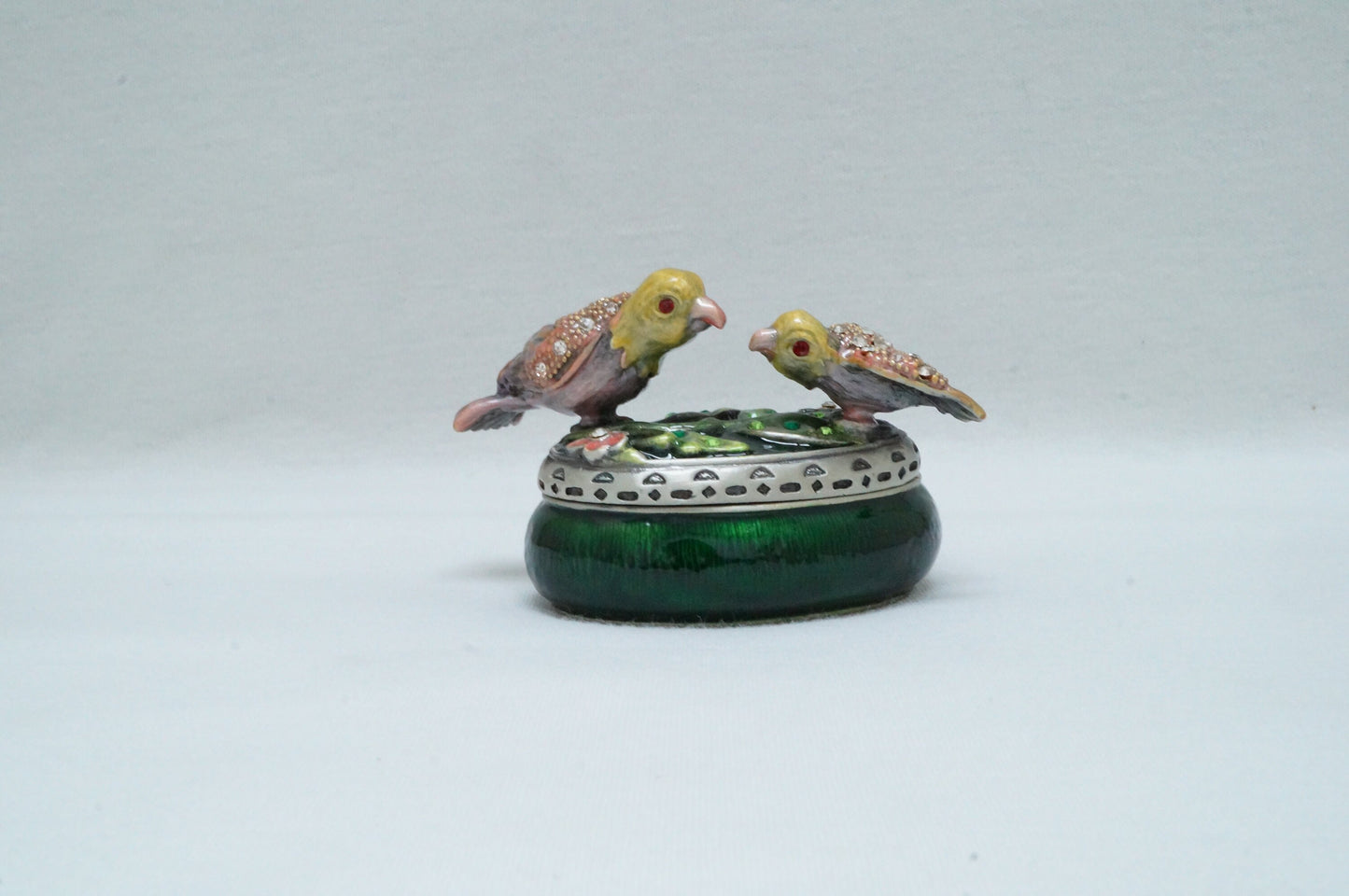 Vintage Oval Trinket with Two birds on Lid Pewter Enameled