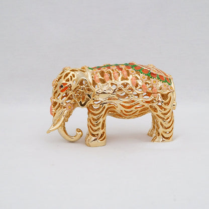 Cristiani Collezione Gold Floral Ornate Cut Out Pattern Elephant Trinket Pewter Jeweled Enameled
