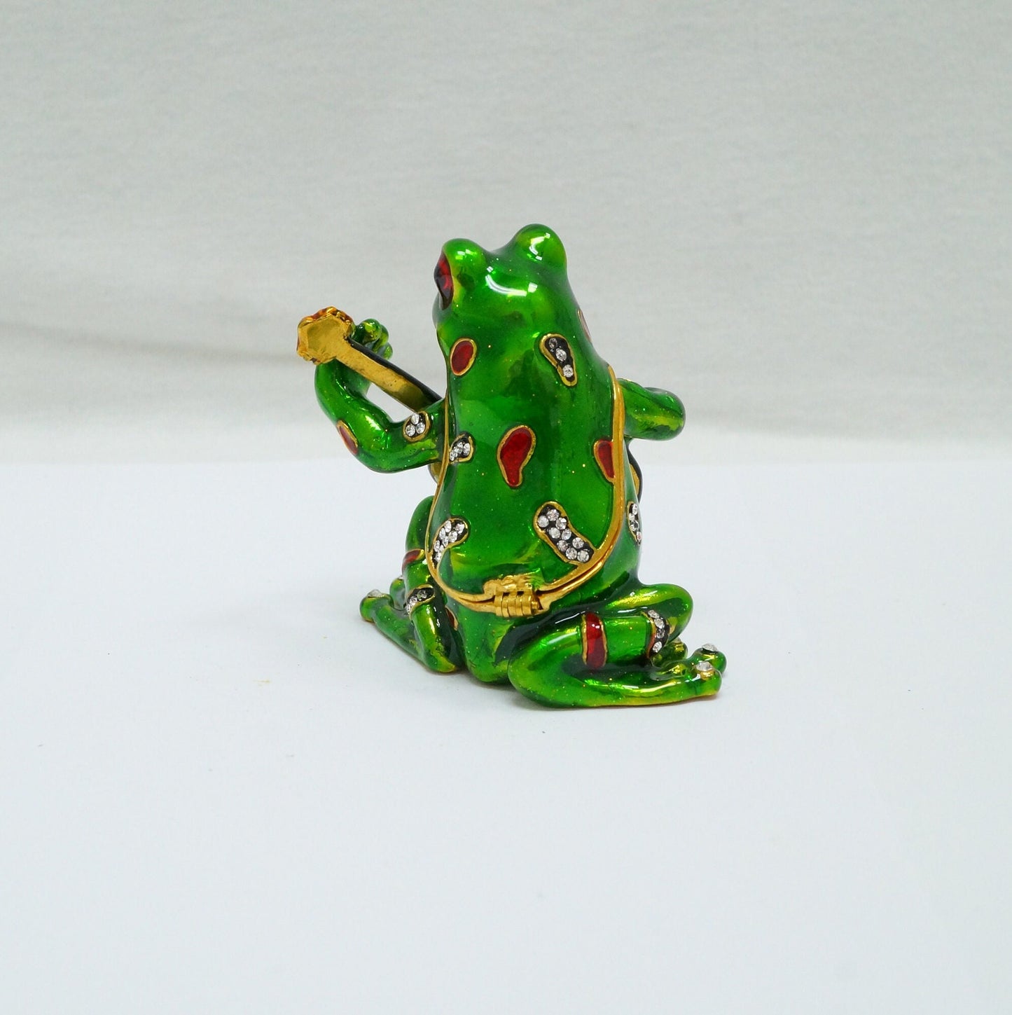 Vintage Frog Playing the Guitar Jeweled Pewter Trinket 14K Gold Plated