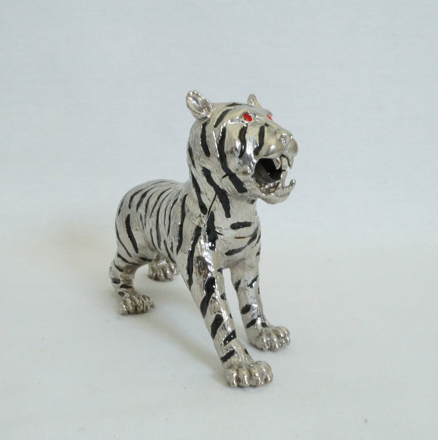 Vintage Silver Black Stripe Angry Lion Trinket Box Pewter Jeweled Enameled