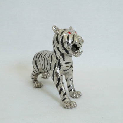 Vintage Silver Black Stripe Angry Lion Trinket Box Pewter Jeweled Enameled