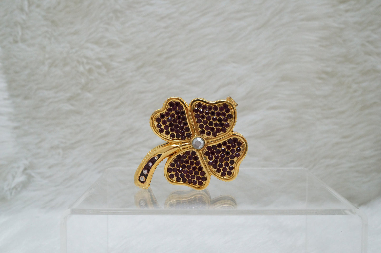 LAST PIECE - Cristiani Collezione 14k Gold Plated Purple Jeweled 4 Leaf Lucky Clover Trinket Box