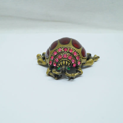 Vintage Bronze Red Beetle Bugs with Pink Green Jeweled Pewter Trinket