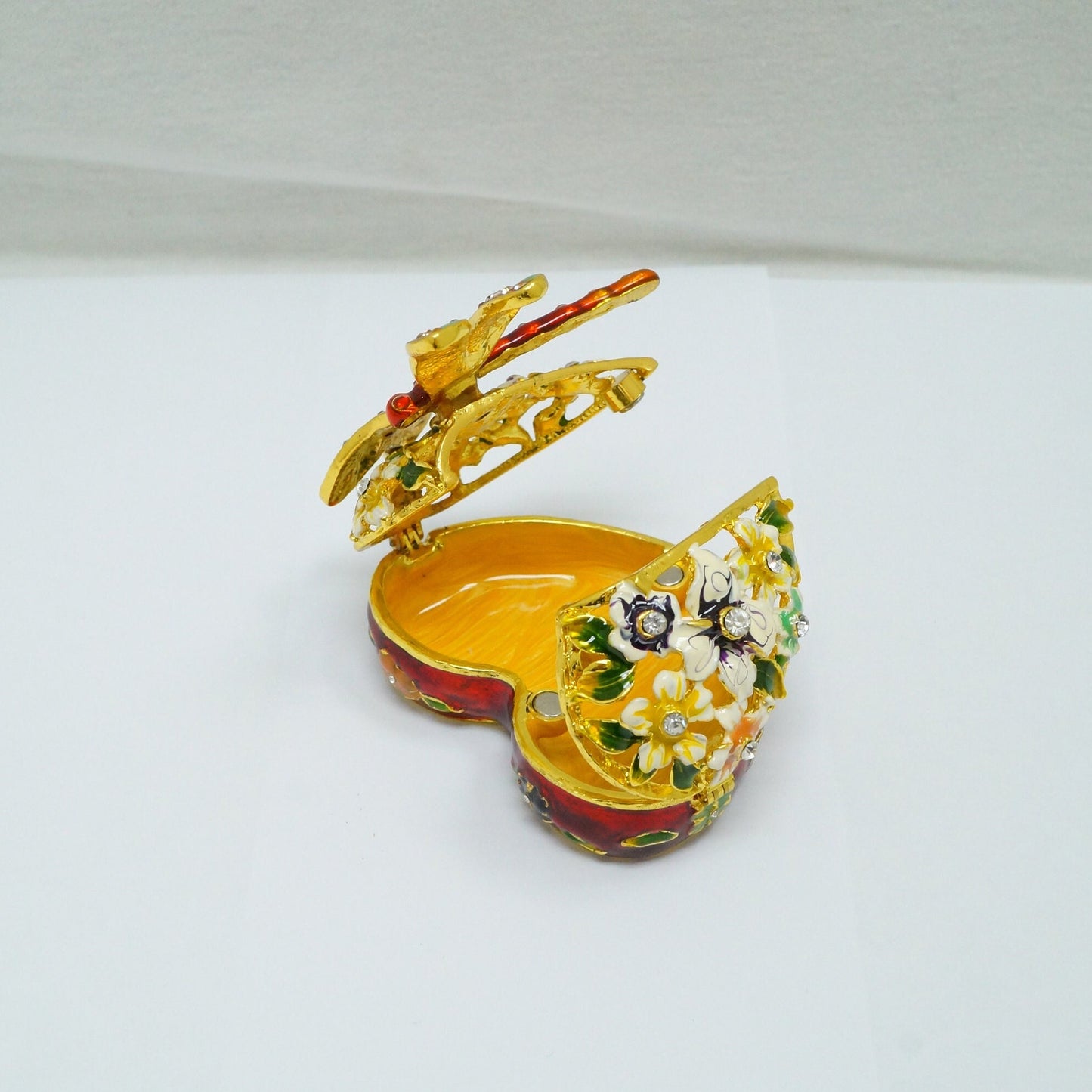 Cristiani Collezione Heart Floral With Dragon Fly Pewter Enameled Trinket Box 14K Gold Plated