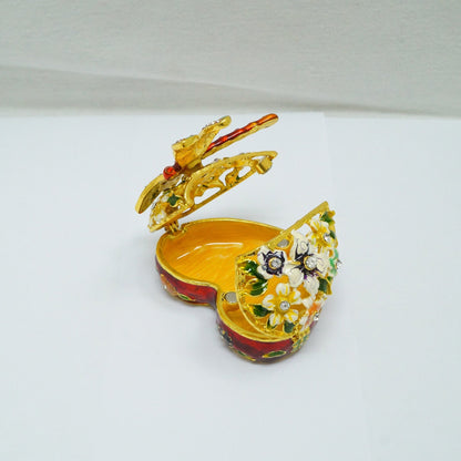Cristiani Collezione Heart Floral With Dragon Fly Pewter Enameled Trinket Box 14K Gold Plated