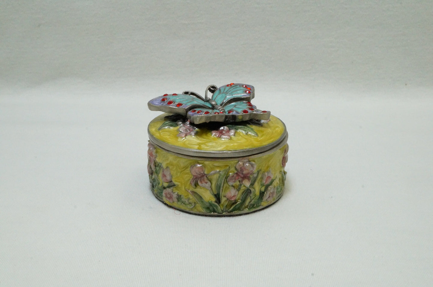 Vintage Round Floral Trinket with Butterfly on Lid Pewter Enamel Jeweled