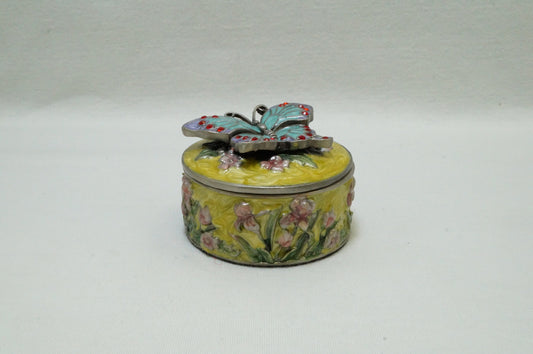 Vintage Round Floral Trinket with Butterfly on Lid Pewter Enamel Jeweled