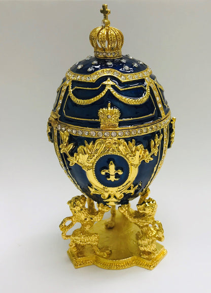 Cristiani Collezione Large Blue Gold Lion Musical Egg Trinket Box 14K Gold Plated