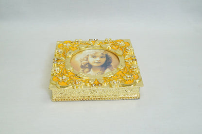Cristiani Collezione Vintage Square Jewelry Trinket Box with Photo Frame Lid 14K Gold Plated