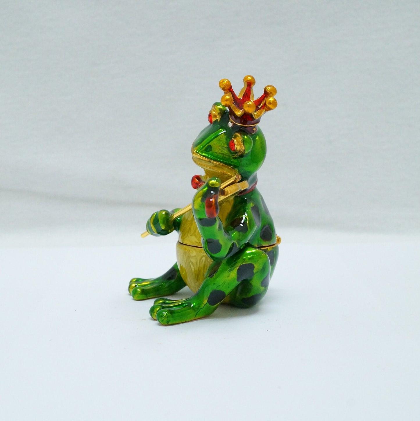 Vintage Frog With Crown Playing the Violin Jeweled Pewter Trinket 14K Gold Plated