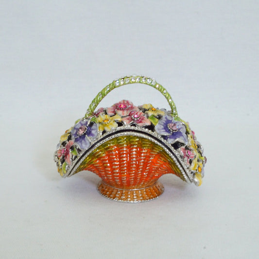 Crisitani Collezione Large Floral Basket Pattern Handbag Trinket Box Pewter Jeweled Enameled 14K Gold Plated