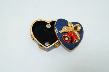 Vintage Blue Gold  Heart Trinket with Bow and Red Bells Pewter Enameled Jeweled 14K Gold Plated