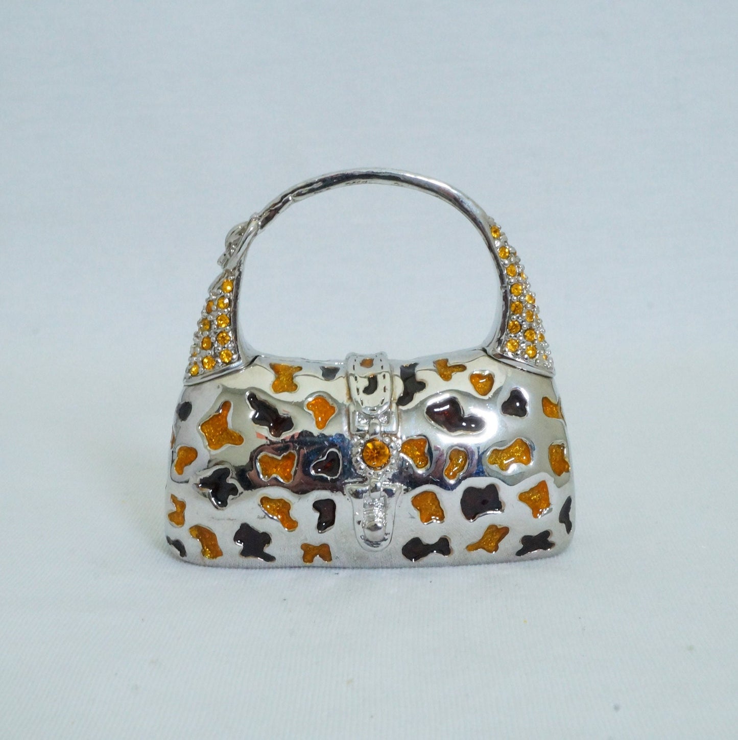 LAST PIECE - Vintage Silver Gold Brown Handbag Trinket Box Pewter Jeweled Enameled