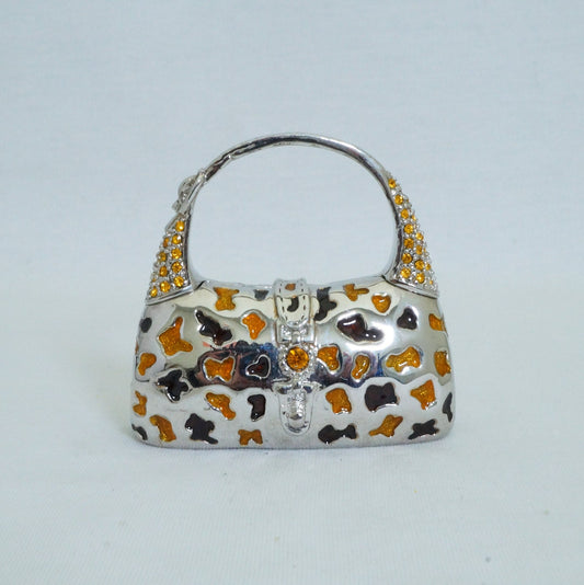 LAST PIECE - Vintage Silver Gold Brown Handbag Trinket Box Pewter Jeweled Enameled