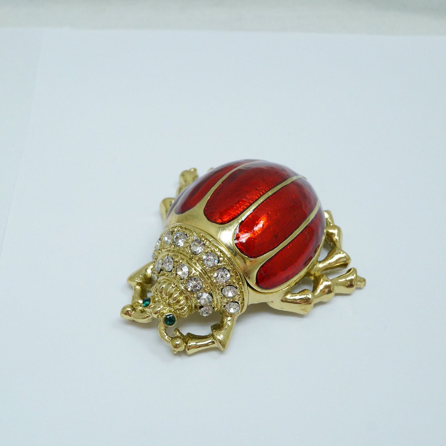 Cristiani Collezione Gold tone Red Beetle Bug with White Green Crystal Jeweled Pewter Trinket 14K Gold Plated