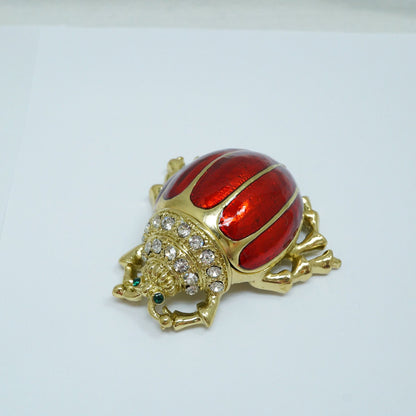 Cristiani Collezione Gold tone Red Beetle Bug with White Green Crystal Jeweled Pewter Trinket 14K Gold Plated