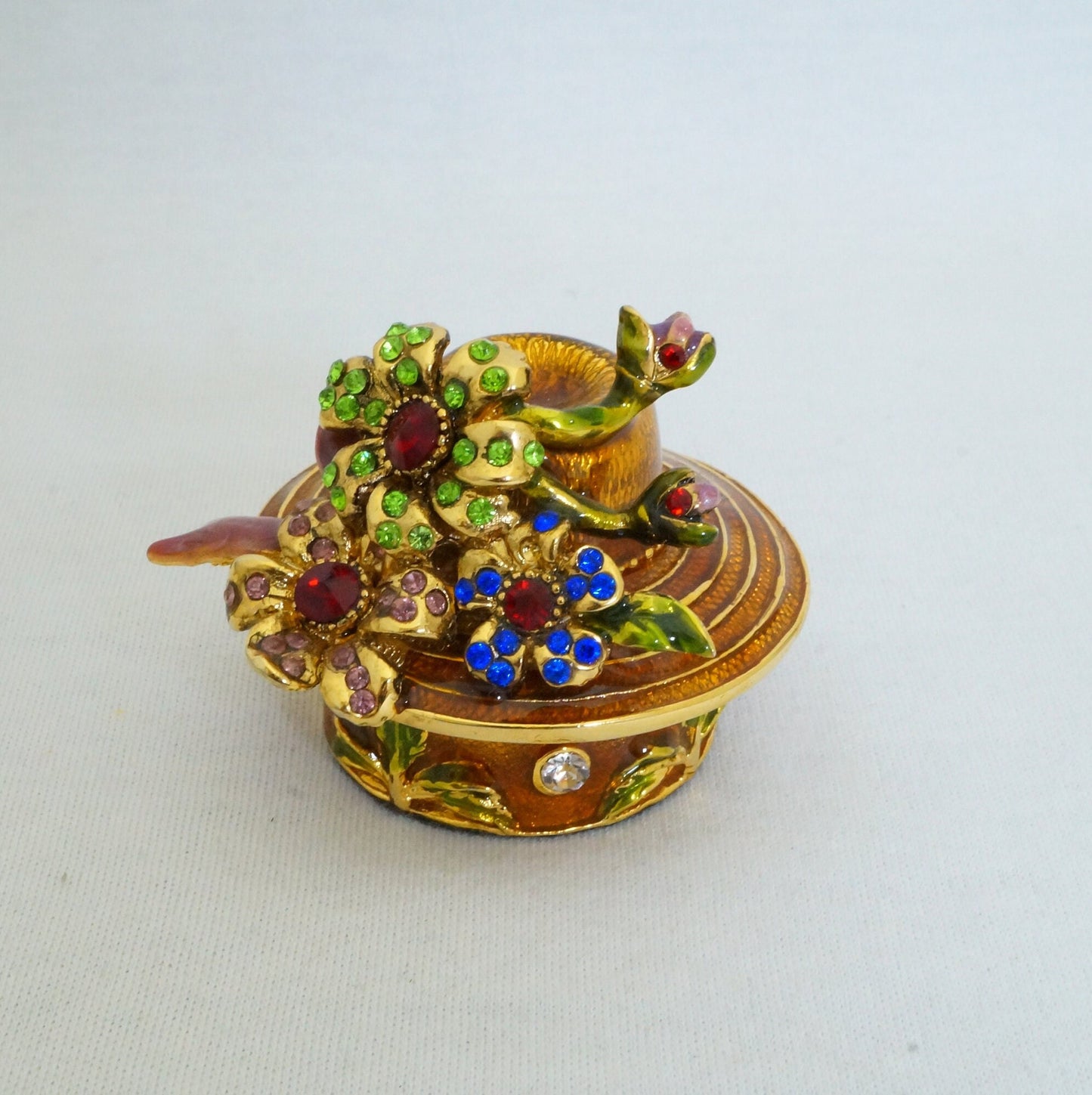 Vintage Floral Hat Trinket Box Pewter Jeweled Enameled 14K Gold Plated