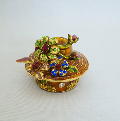 Vintage Floral Hat Trinket Box Pewter Jeweled Enameled 14K Gold Plated