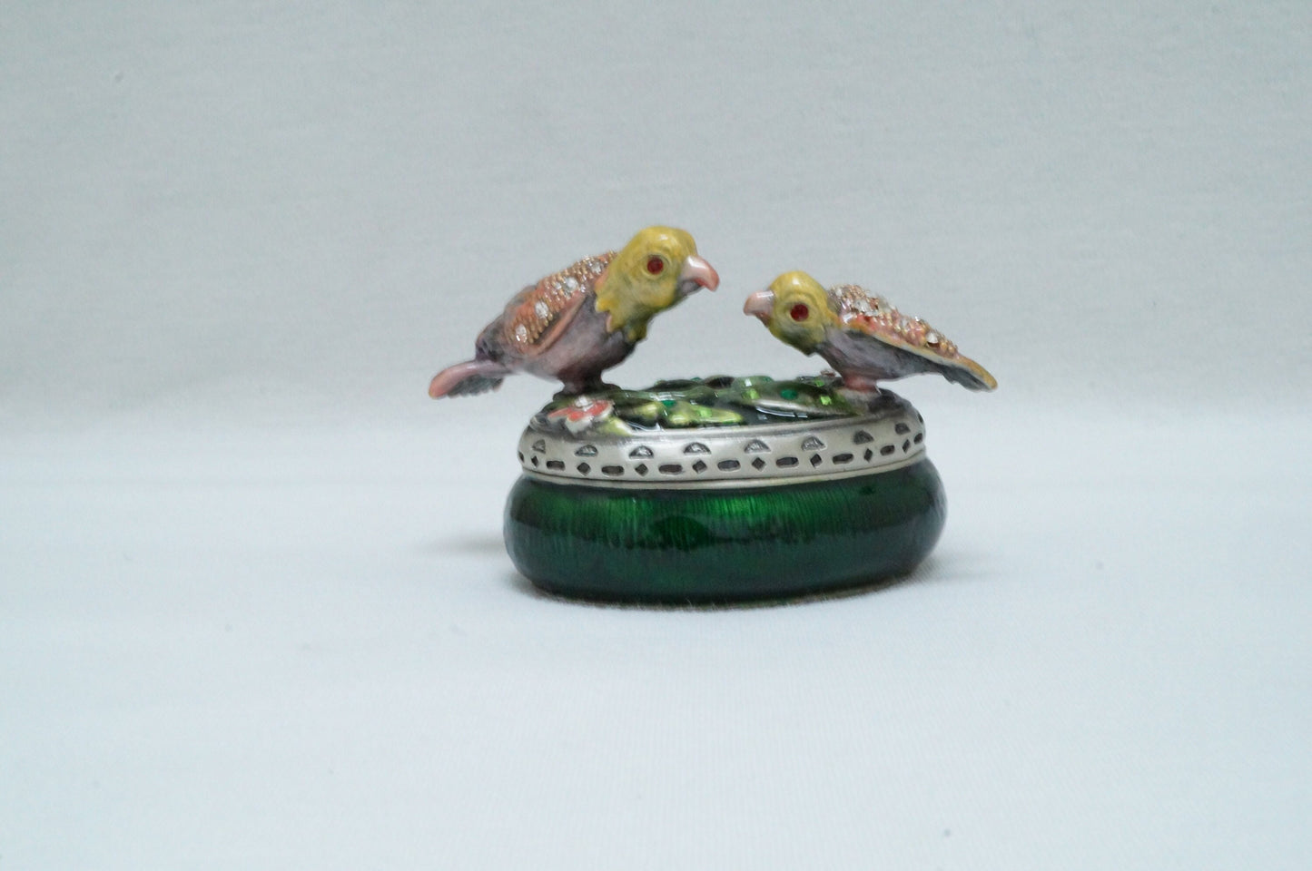 Vintage Oval Trinket with Two birds on Lid Pewter Enameled