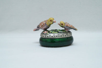 Vintage Oval Trinket with Two birds on Lid Pewter Enameled