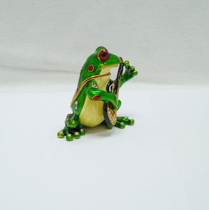 Vintage Frog Playing the Guitar Jeweled Pewter Trinket 14K Gold Plated