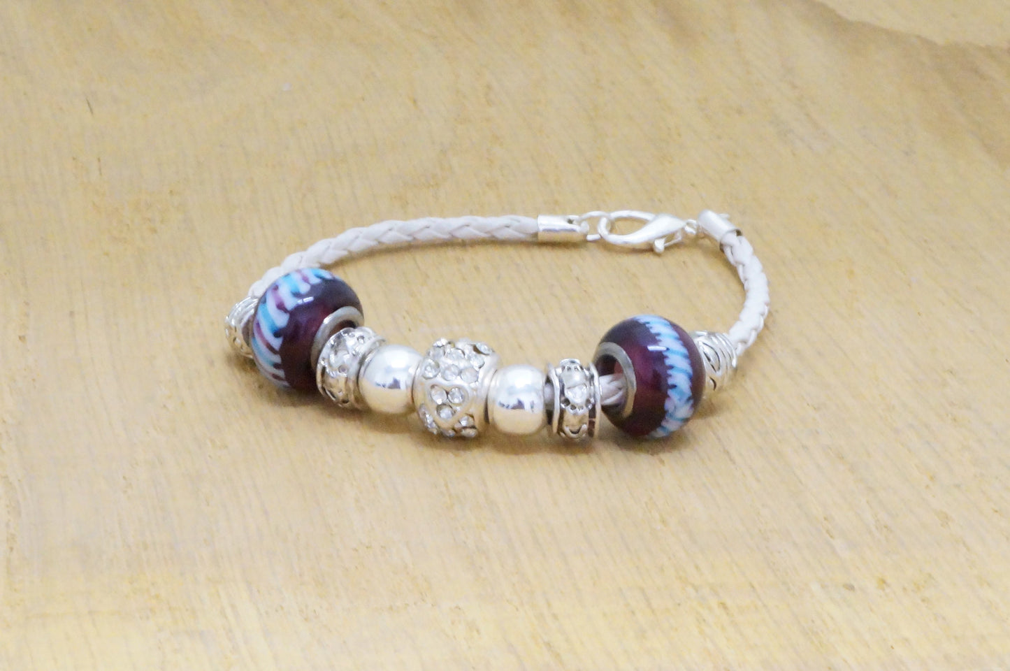 Faux Beaded Multi Silver Toned Charms Faux Braided Leather Bracelet Fashion Jewelry