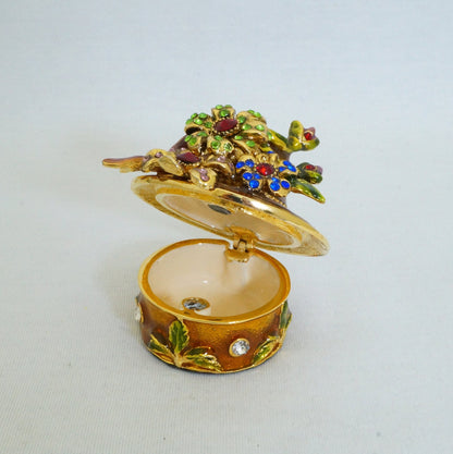 Vintage Floral Hat Trinket Box Pewter Jeweled Enameled 14K Gold Plated
