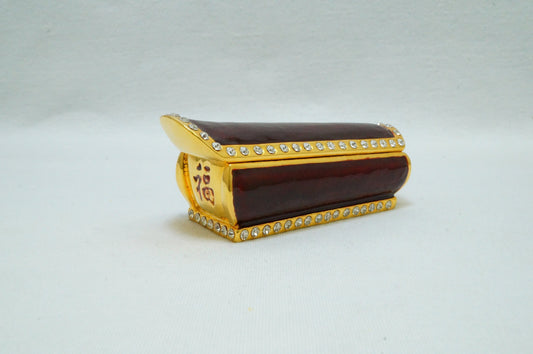 Vintage  Chinese Feng Shui Good Luck Fortune Display Coffin Casket Miniature Trinket Box Pewter Jeweled 14K Gold Plated