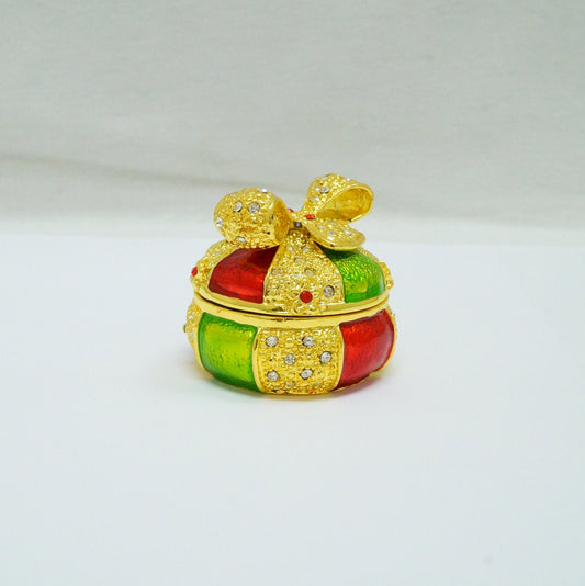 Cristiani Collezione Green Red Gold Round Trinket With Bow Lid Jeweled Pewter Trinket 14K Gold Plated