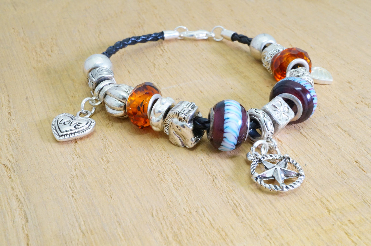 Faux Beaded Multi Silver Toned Charms Faux Braided Leather Bracelet Fashion Jewelry