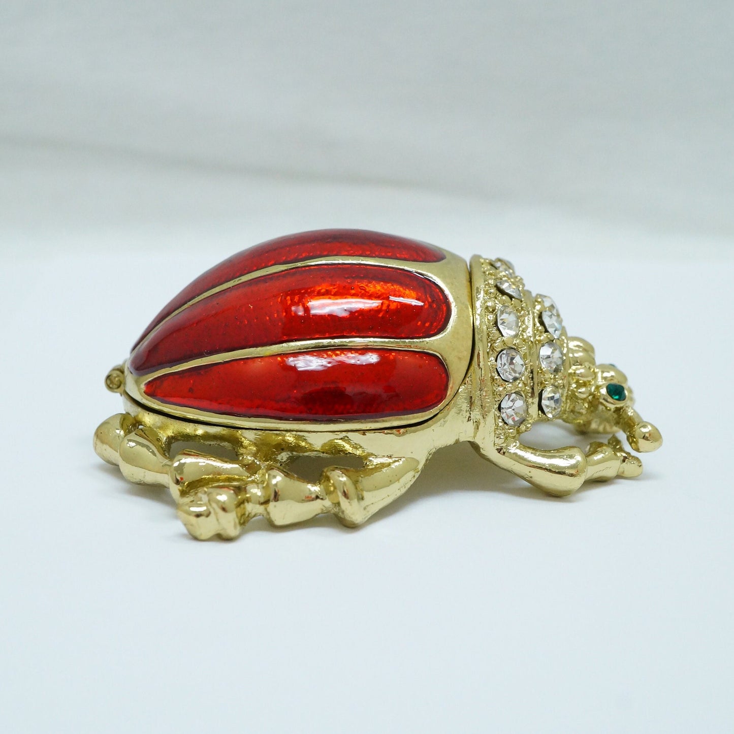 Cristiani Collezione Gold tone Red Beetle Bug with White Green Crystal Jeweled Pewter Trinket 14K Gold Plated