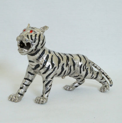 Vintage Silver Black Stripe Angry Lion Trinket Box Pewter Jeweled Enameled