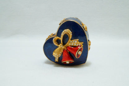 Vintage Blue Gold  Heart Trinket with Bow and Red Bells Pewter Enameled Jeweled 14K Gold Plated