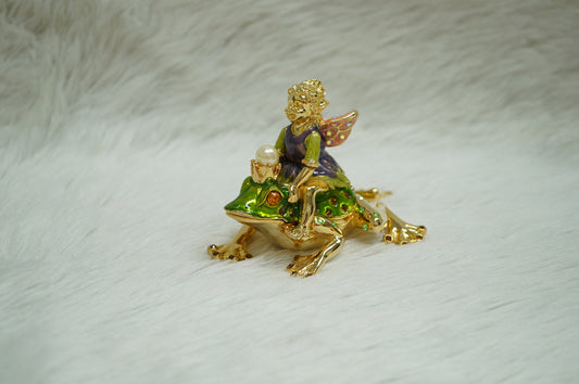 Cristiani Collezione Girl Fairy on Frog Trinket Box 14K Gold Plated