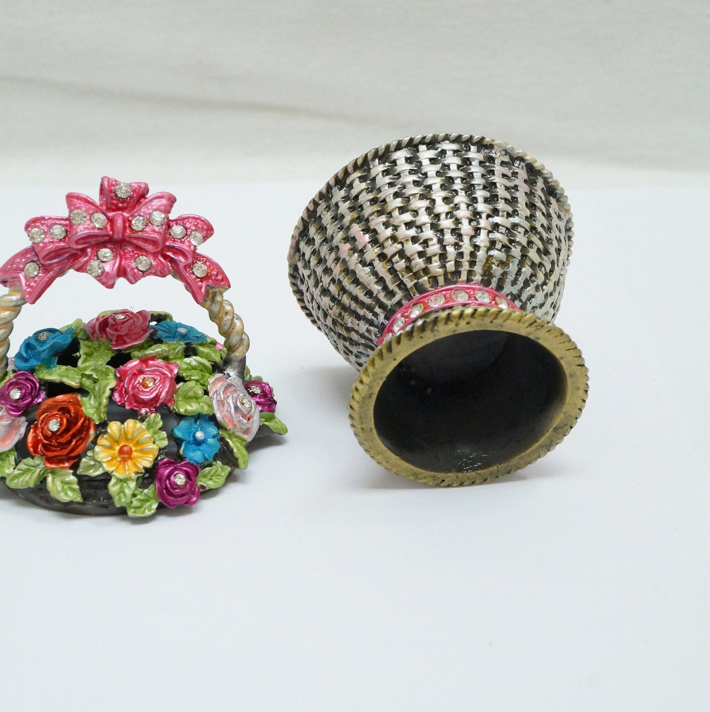 Vintage Weave Basket with Floral Lid and Bow Handle Jeweled Pewter Trinket