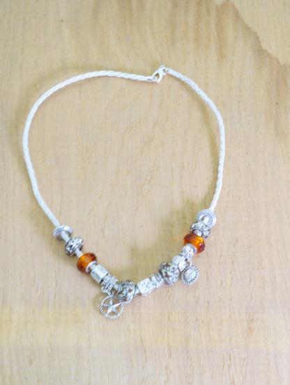 Faux Leather Charms Rhinestone Beaded Choker Necklace