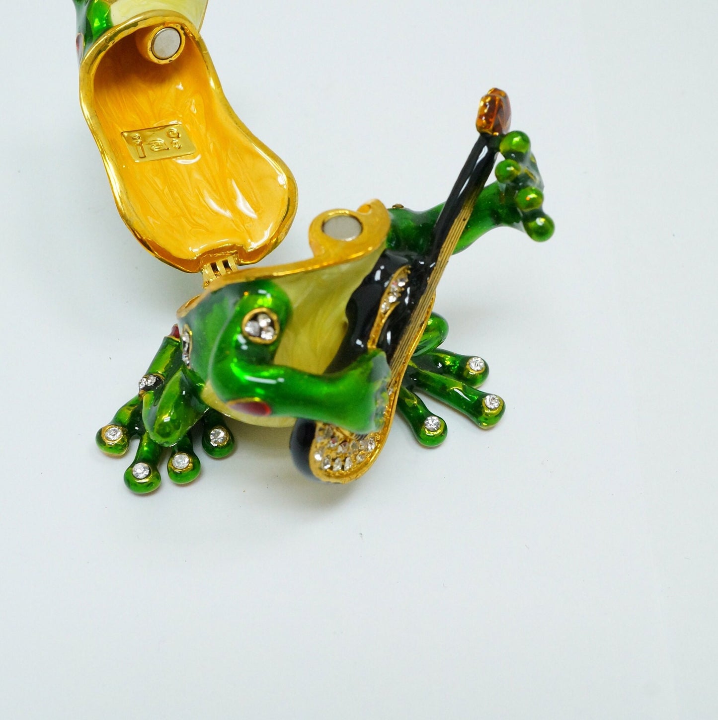 Vintage Frog Playing the Guitar Jeweled Pewter Trinket 14K Gold Plated