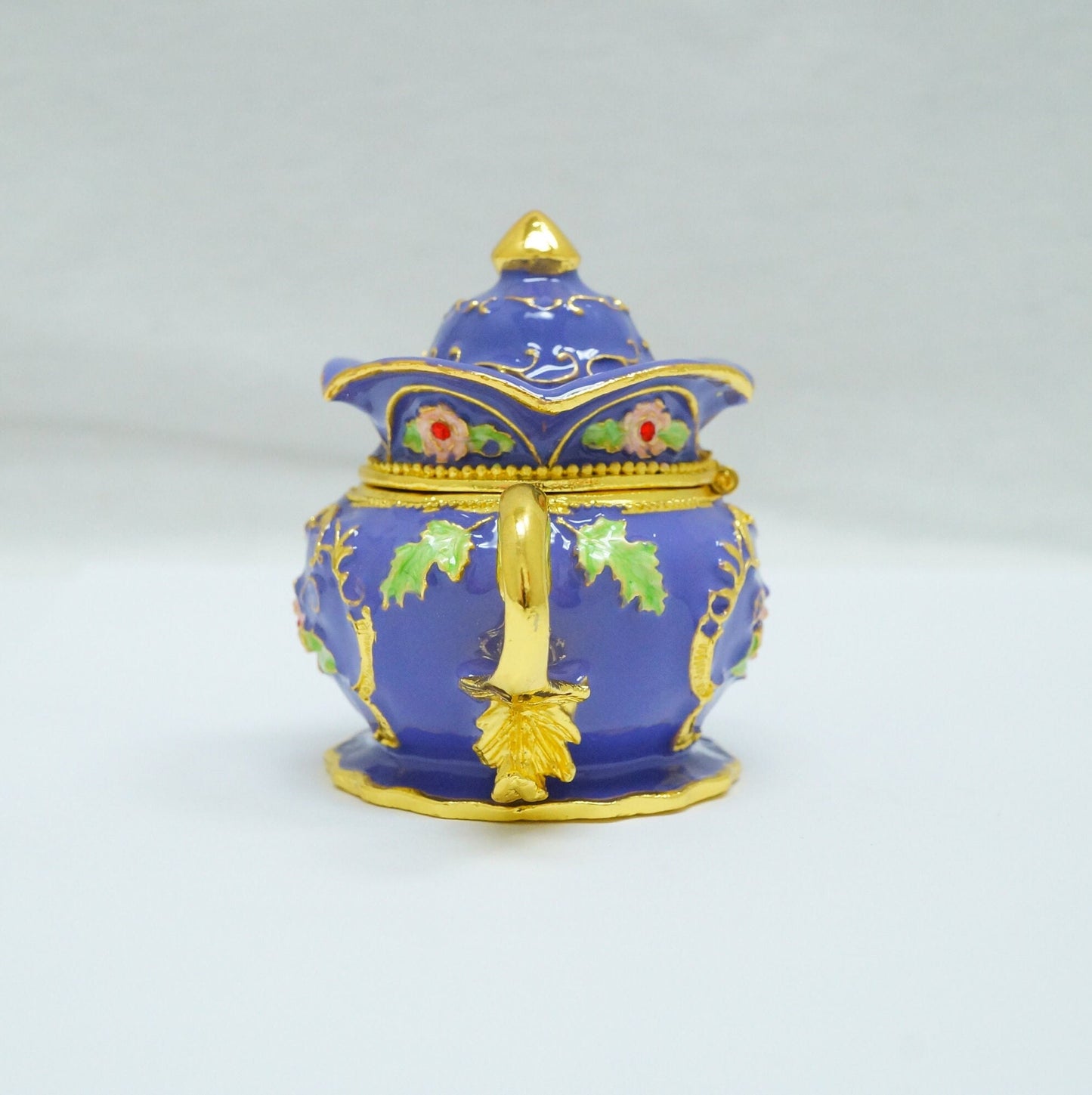 Cristiani Collezione Purple Gold Floral Design Jeweled Pewter Teapot Trinket 14K Gold Plated