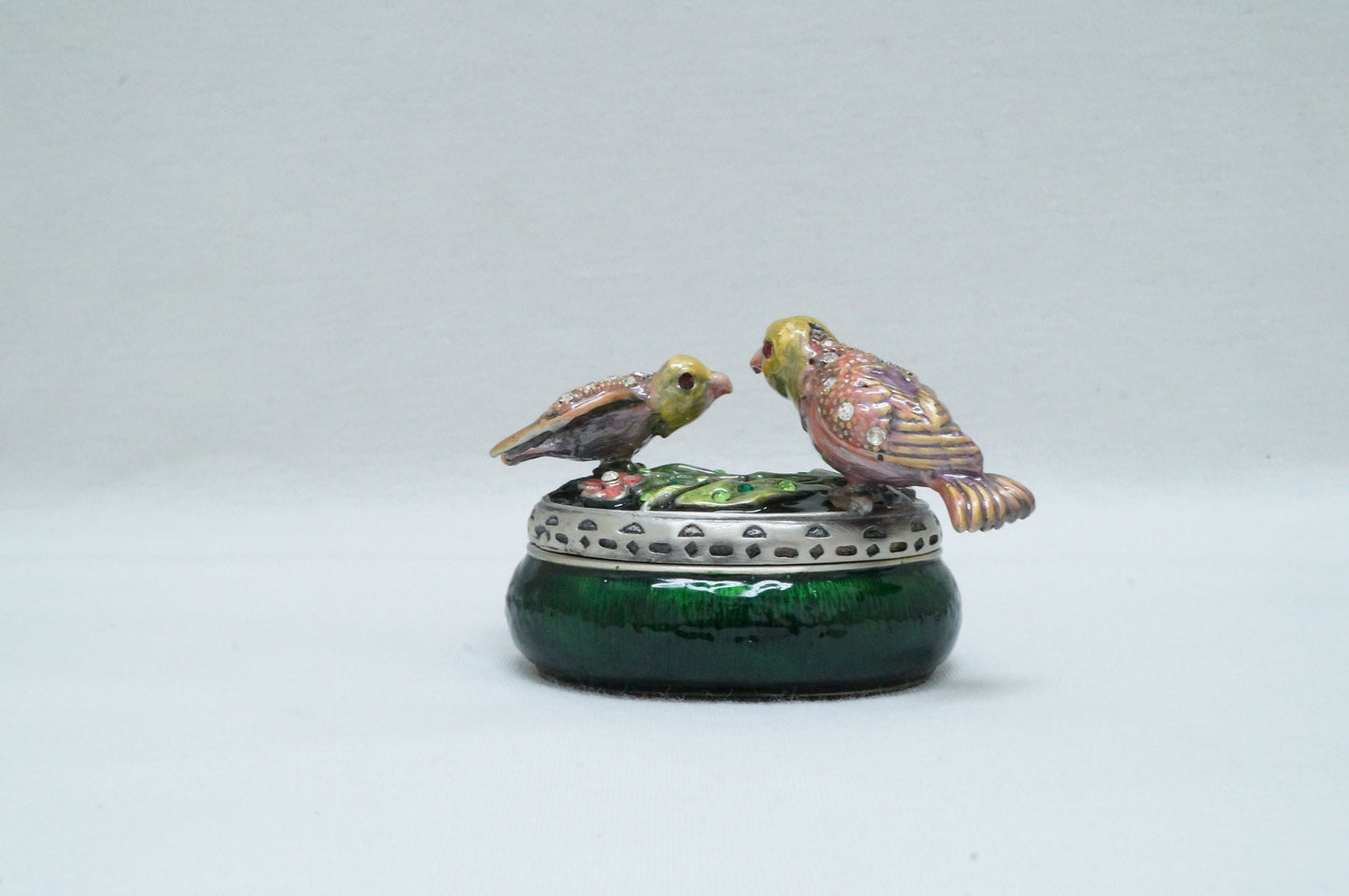 Vintage Oval Trinket with Two birds on Lid Pewter Enameled