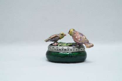 Vintage Oval Trinket with Two birds on Lid Pewter Enameled