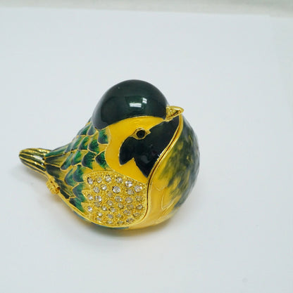 Cristiani Collezione Green Yellow Black Jeweled Chickadee Pewter Trinket 14K Gold Plated
