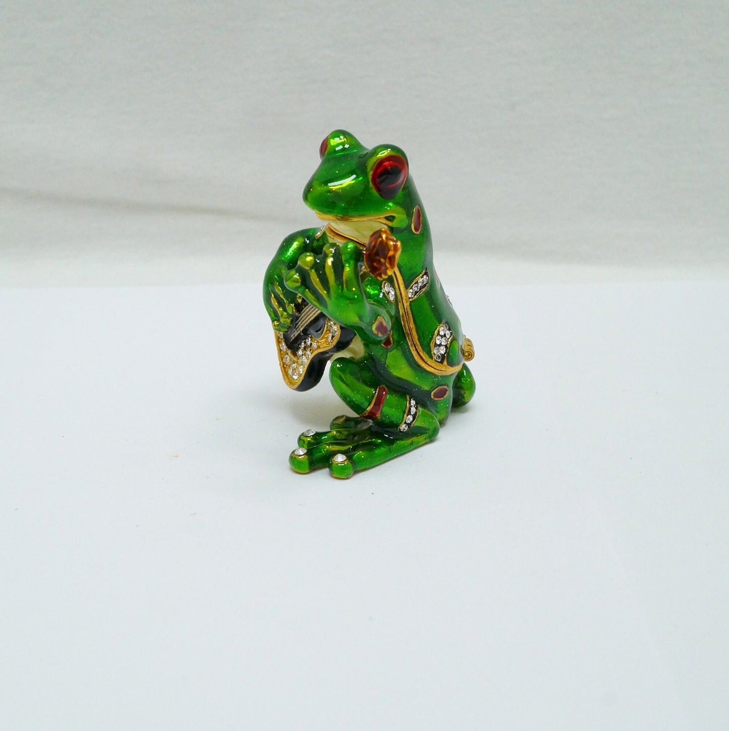 Vintage Frog Playing the Guitar Jeweled Pewter Trinket 14K Gold Plated