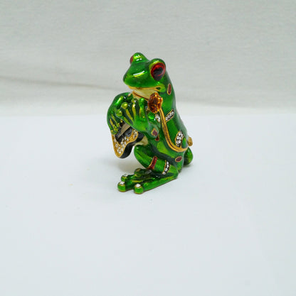 Vintage Frog Playing the Guitar Jeweled Pewter Trinket 14K Gold Plated