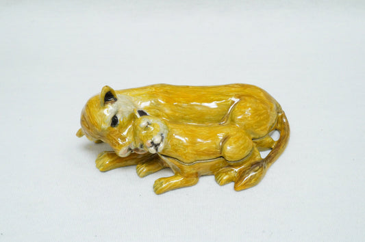 Playful Mom and Cub Puma Trinket box Pewter Enameled 14K Gold Plated