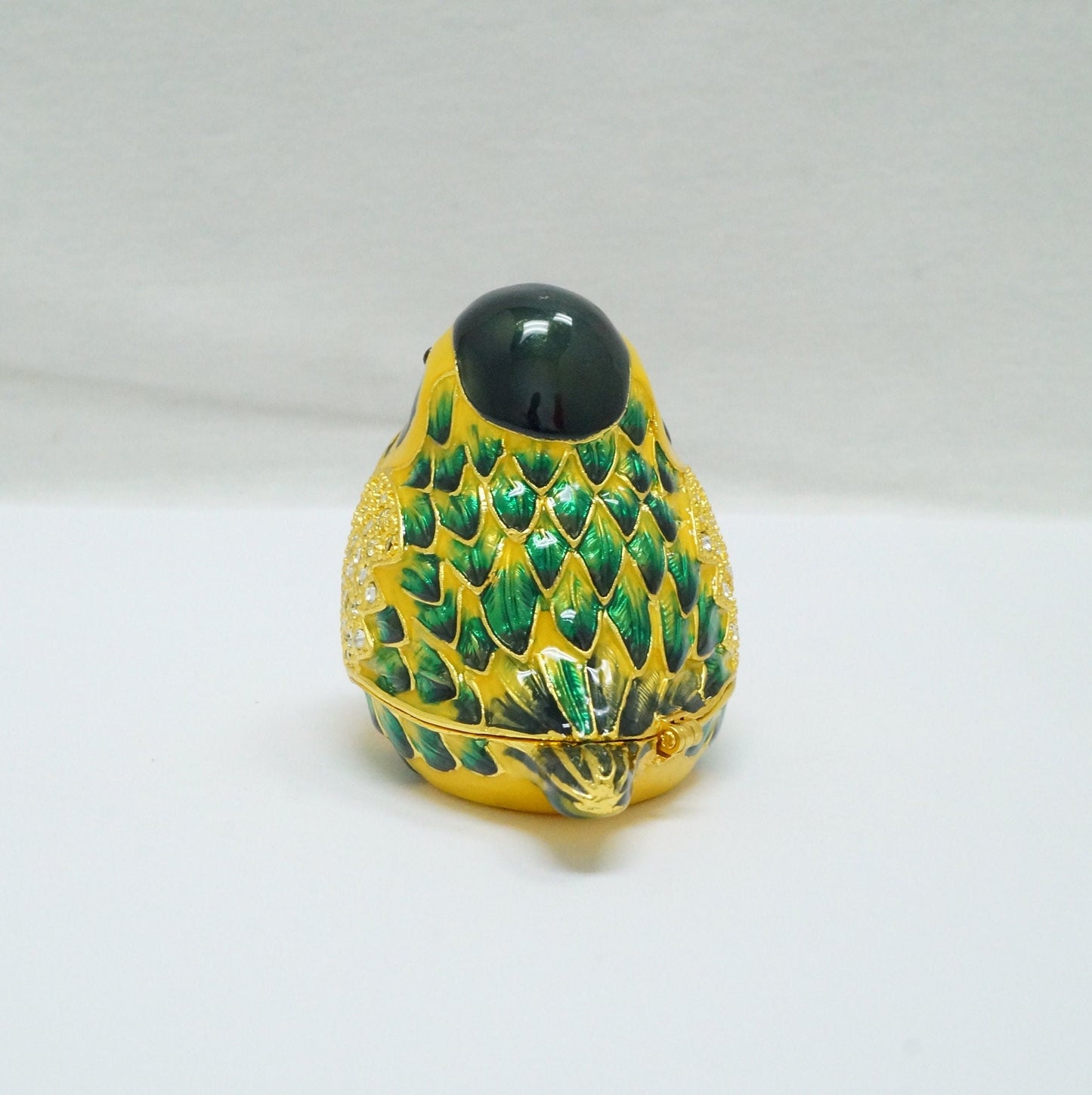 Cristiani Collezione Green Yellow Black Jeweled Chickadee Pewter Trinket 14K Gold Plated